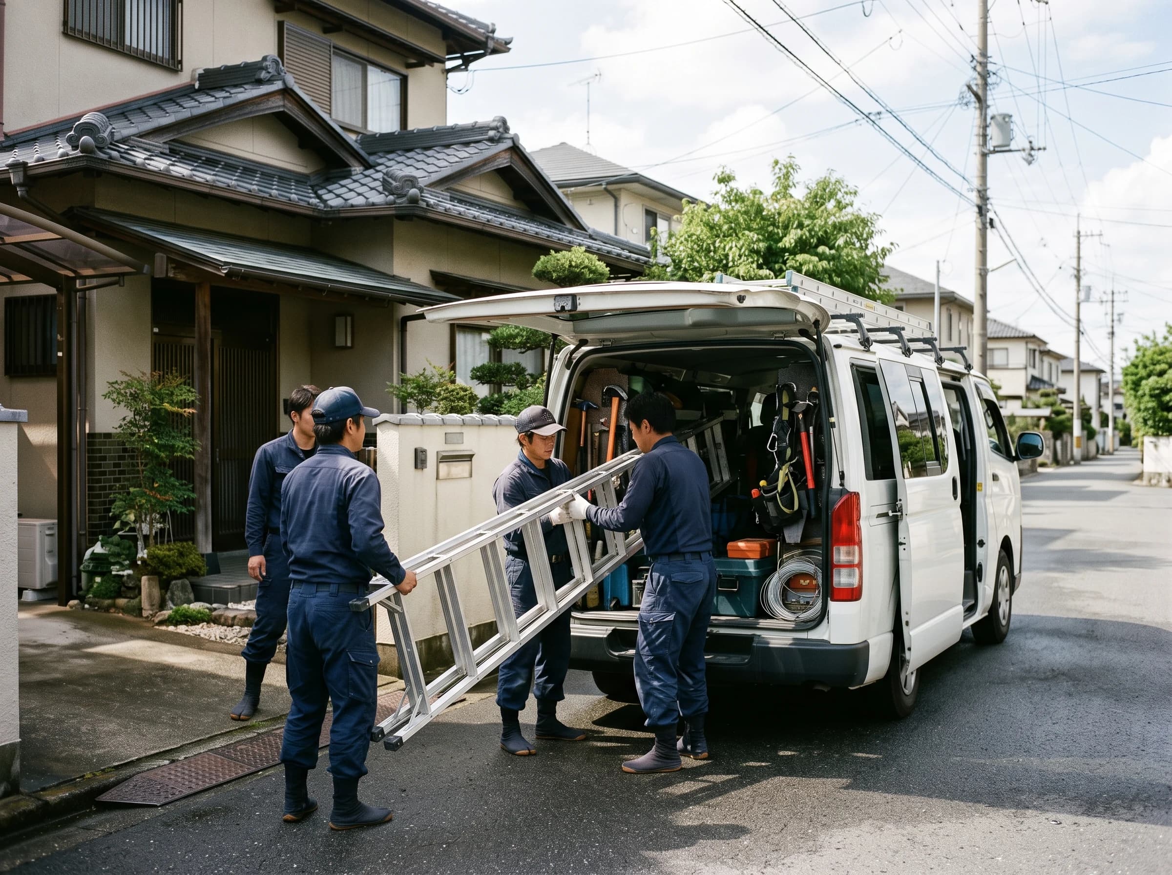 工具を積んだ作業車と職人