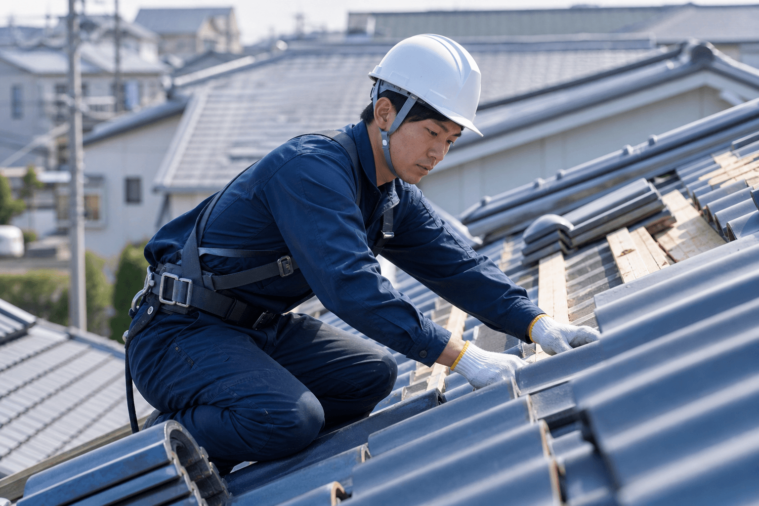 職人が住宅の屋根で瓦を施工している様子